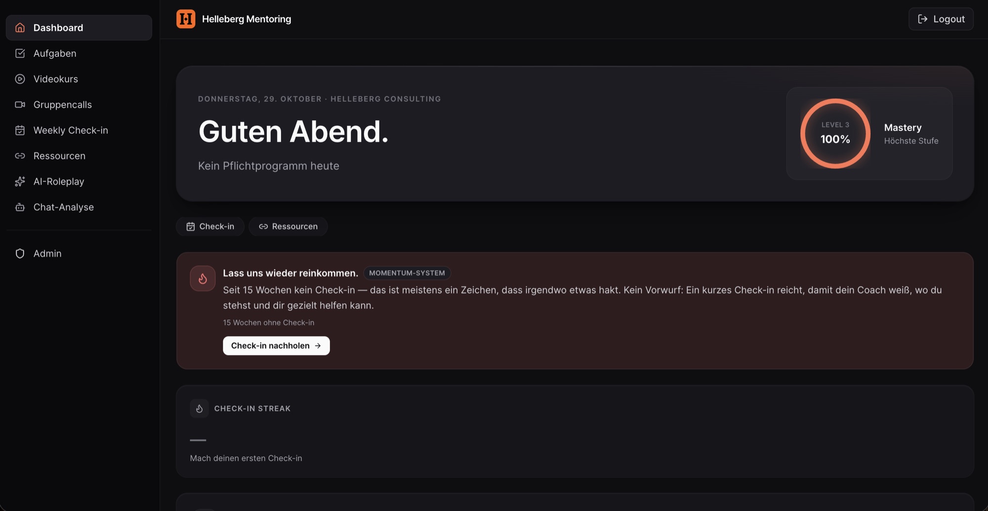 Dashboard von Helleberg Mentoring: Begrüßung, Level-Fortschritt, Check-in-Erinnerung